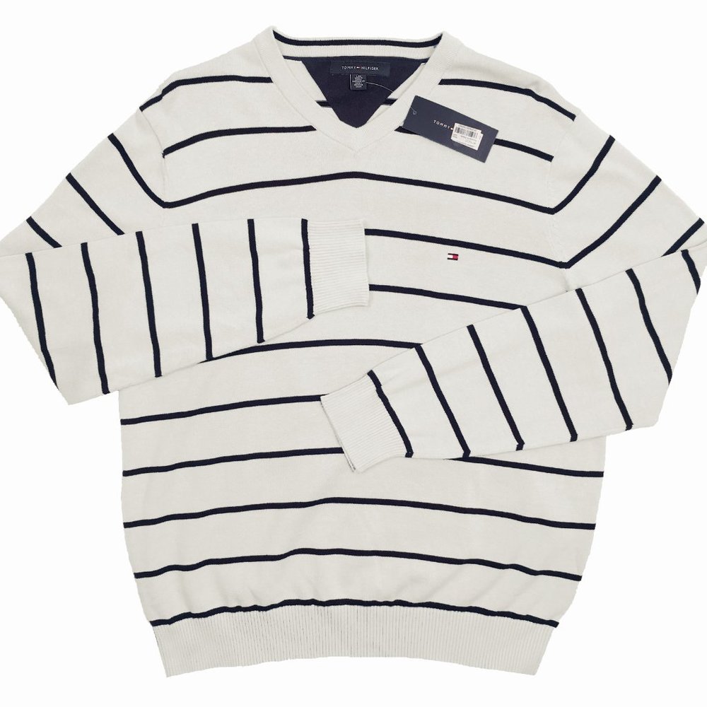 NEW Tommy Hilfiger Sweater! White Dark Navy Stripes  V Neck  Tommy Flag on Chest